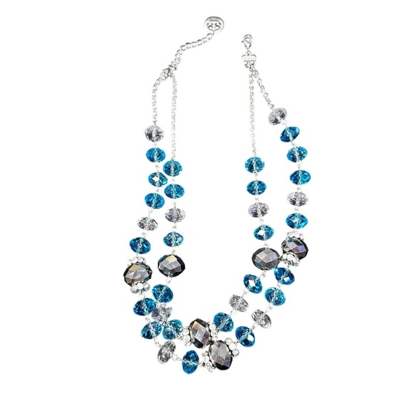 Trifari Double Strand Statement Necklace Blue Beads Crown Logo - Picture 1 of 6